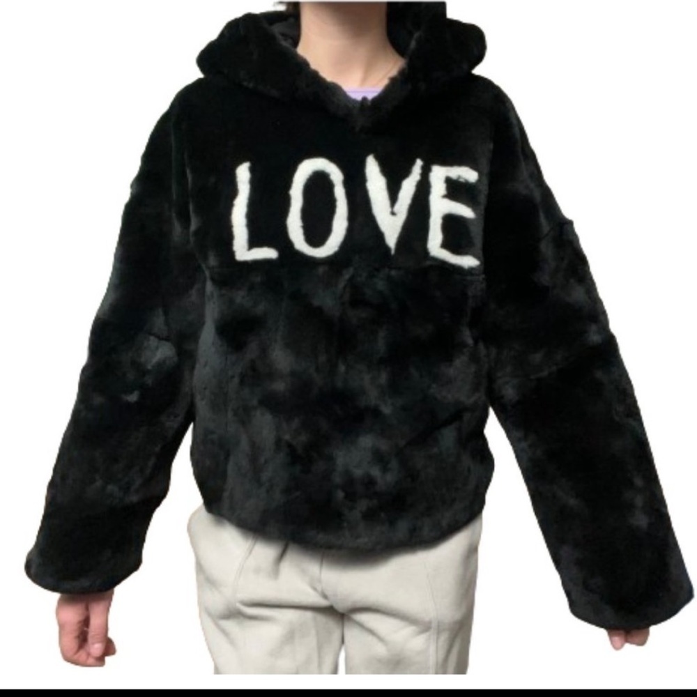 Linda Richard’s Luxury black rabbit fur LOVE sweatshirt size XS NWT